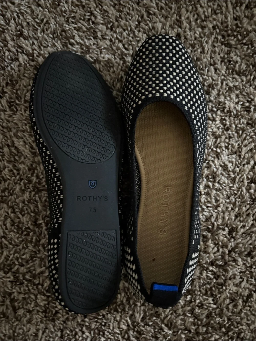 Rothy's Black & White Knit Ballet Flats with Blue Heel Tab